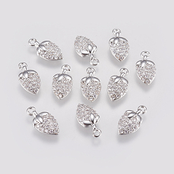 Real Platinum Plated Brass Micro Pave Cubic Zirconia Charms, Strawberry, Real Platinum Plated, 12x6x2mm, Hole: 1mm
