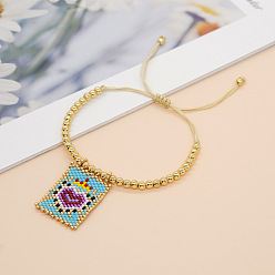 Разноцветный Браслеты ручной работы из стеклянного бисера с подвесками, Плетеные латунные круглые бусины для женщин, с полиэфирным кордом, Прямоугольник с сердцем, красочный