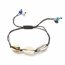 Black Acrylic & Alloy Shell Braided Bead Bracelet with Lampwork Evil Eye, Adjustable Bracelet for Women, Black, Inner Diameter: 1/2~3-1/2 inch(1.4~8.8cm)