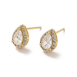 Настоящее золото 18K Серьги-капли из прозрачного кубического циркония, долговечные украшения из латуни с покрытием для женщин, без кадмия и без свинца, реальный 18 k позолоченный, 9x7 мм, штифты : 1 мм