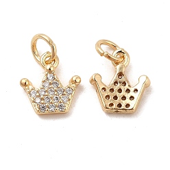 Real 14K Gold Plated Rack Plating Brass Micro Pave Clear Cubic Zirconia Pendants, Long-Lasting Plated, Cadmium Free & Lead Free, with Jump Ring, Crown Charm, Real 14K Gold Plated, 10x9x2.5mm, Hole: 3.5mm