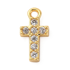 Настоящее золото 18K Латунные микропаве прозрачные кубические циркониевые подвески, без кадмия, без никеля и без свинца, крестик, реальный 18 k позолоченный, 5x2 мм, отверстие : 1 мм