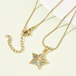 Звезда 304 Женские подвески-колье из нержавеющей стали с микропаве из небесно-голубых кубических цирконий, золотые, звезда, 16.14 дюйм (41 см), Кулон : 19.8x18 мм