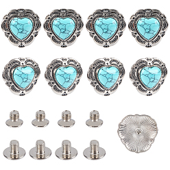 Turquoise Foncé 8 rivets décoratifs en alliage pour sacs, avec imitation turquoise et vis en fer, pour sac à main, , cœur, argent antique, turquoise foncé, 29x30x9.5mm, Trou: 2.5mm