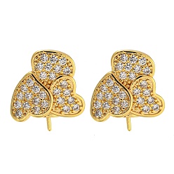 Golden Rack Plating Brass Micro Pave Clear Cubic Zirconia Studs Earrings Finding, Cadmium Free & Lead Free, Long-lasting Plated, Heart, Golden, 15x14mm, Pin: 0.8mm