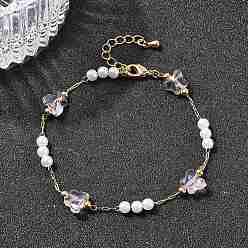 Pink Браслеты-цепочки из латуни и стекла для женщин, бабочка, с abs имитационными жемчужными бусинами , без никеля , розовые, 7 дюйм (17.9 см)