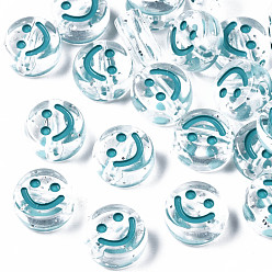 Темно-бирюзовый Прозрачные акриловые бусины, горизонтальное отверстие, с блестящей пудрой и эмалью, плоско-круглые с улыбкой на лице, темные бирюзовый, 10x5 мм, отверстие : 2 мм, Около 1600 шт / 500 г