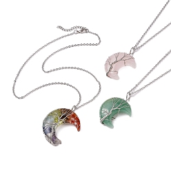 Нержавеющая Сталь Цвет 3 шт. 3 стили чакра луна натуральный розовый кварц и зеленый авантюрин и смешанный камень медная проволока обернутые в дерево подвески ожерелья, 304 из нержавеющей стали кабель цепи ожерелья, цвет нержавеющей стали, 18.11 дюйм (46 см), 1 шт / стиль