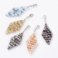 Mixed Color Half Electroplate Glass Beads Pendant Decorations, with Brass Lobster Claw Clasps, Faceted, Rhombus, Platinum, Mixed Color, 53mm