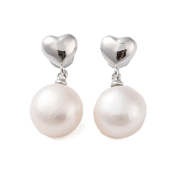 Platinum 925 Sterling Silver Studs Earring, with Natural Pearl, Heart, Platinum, 22x11mm
