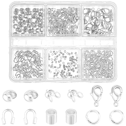 Silbern Silberfarbig DIY-Befund-Kits, einschließlich Messingdraht-Schutzperlen, Abstandshalterperlen, Perlenspitzen-Knotenabdeckungen, Messing-Quetschperlenabdeckungen, Biegeringe und Karabinerverschlüsse, Silbern Silberfarbig, 5x4x1 mm, Bohrung: 0.8 mm