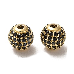 Black 925 Sterling Silver Micro Pave Cubic Zirconia Beads, Round, Real 18K Gold Plated, Black, 10x9mm, Hole: 2.2mm