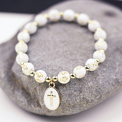 White Plastic Round with Cross Beaded Stretch Bracelets, with Alloy Oval Charms, White, 7-1/8 inch(18cm)