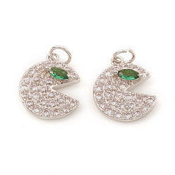 Platinum Brass Micro Pave Cubic Zirconia Charms, with Jump Ring, Gap Flat Round, Clear & Green, Platinum, 12.5x10.5x2.5mm, Jump Ring: 4x0.6mm, Hole: 2.5mm