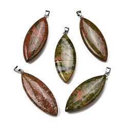 Унакит Природные Unakite большие кулоны, Подвески в виде конского глаза с 304 защелкивающимися креплениями из нержавеющей стали, цвет нержавеющей стали, 55~55.5x20~20.5x7.5~8 мм, отверстие : 6.5x4 мм