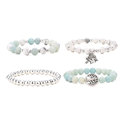 Mixed Color 4Pcs 4 Style Natural Amazonite & Howlite & Synthetic Hematite Beaded Stretch Bracelets Set, Alloy Tree & Elephant Charms Stackable Bracelets for Women, Mixed Color, Inner Diameter: 2-1/8~2-1/4 inch(5.35~5.8cm), 1Pc/style