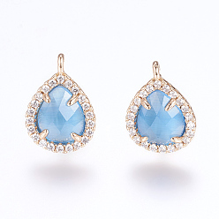Sky Blue Brass Micro Pave Cubic Zirconia Stud Earring Findings, with Loop, Cat Eye, Teardrop, Golden, Sky Blue, 16.5mm, Hole: 1mm, Pin: 0.8mm
