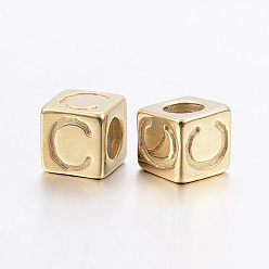 Golden 304 Stainless Steel Large Hole Letter European Beads, Horizontal Hole, Cube with Letter.C, Golden, 8x8x8mm, Hole: 5mm