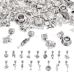 Antique Silver 34Pcs 17 Styles Alloy European Dangle Charms, Cups, Mixed Shapes, Antique Silver, 26~40mm, 2pcs/style