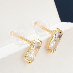 Clear Cubic Zirconia Rectangle Stud Earrings, Golden 925 Sterling Silver Post Earrings, with 925 Stamp, Clear, 7.8x3mm