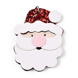 Santa Claus Большие кожаные подвески, с блестка, Новогодняя тема, с целью перехода в кольце, белые, Дед Мороз, 56.5x42.5x4.5 мм, отверстие : 5 мм