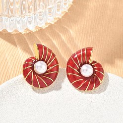 Roja Pendientes de botón de latón esmaltado para mujer, la forma de la concha, con perlas de imitación de plástico abs, larga duración plateado, chapado en rack, sin plomo y el cadmio, dorado, rojo, 19.5x19 mm