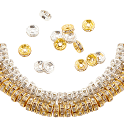 Golden & Silver Iron Rhinestone Spacer Beads, for Jewelry Craft Making Findings, Grade B, Rondelle, Straight Edge, Clear, Golden & Silver, 80x20mm, 600pcs/box