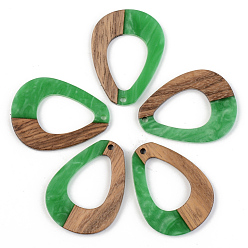 Green Opaque Resin & Walnut Wood Pendants, Teardrop, Green, 37.5x28x2.5mm, Hole: 2mm