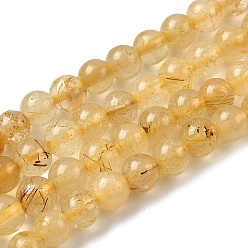 Rutilated Кварц Природные Rutilated кварцевые нити бисера, класс А, круглые, 5 мм, отверстие : 0.7 мм, около 91 шт / нитка, 15.55'' (39.5 см), 2 пряди / коробка