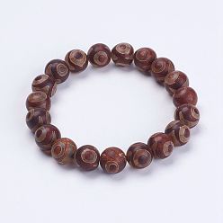 Sienna Tibetan Style Dzi Bead Stretch Bracelets, with Burlap Packing Pouches Drawstring Bags, Sienna, 2-1/8 inch(53mm)