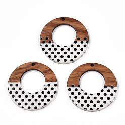 White Printed Opaque Resin & Walnut Wood Pendants, Ring Charm with Polka Dot Pattern, White, 38x3.5mm, Hole: 2mm