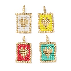 Mixed Color Handmade Loom Pattern Seed Beads, Round Glass Seed Beads, Rectangle with Heart Pendant, Mixed Color, 25x15x2mm, Hole: 2mm