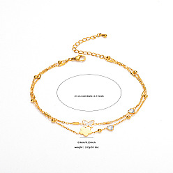 Цветок 304 двухслойные браслеты на ногу из нержавеющей стали со стразами и натуральными ракушками, золотые, цветок, 8-1/4 дюйм(210мм)+45мм