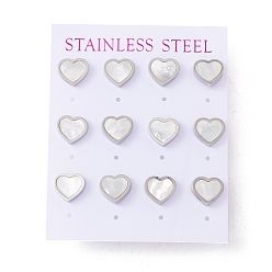 Нержавеющая Сталь Цвет 6 сочетается с серьгами-гвоздиками в виде сердечек из натуральной белой ракушки, 304 женские украшения из нержавеющей стали, цвет нержавеющей стали, 9x10 мм, штифты : 0.7 мм