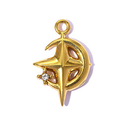 Настоящее золото 18K 304 подвески из нержавеющей стали и страз, очарование луны и звезды, ионное покрытие (ip), долговечный, кристалл, реальный 18 k позолоченный, 16x12 мм, отверстие: 1.40 мм