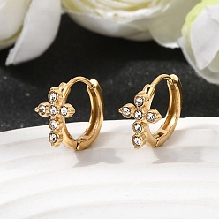 Настоящее золото 18K Крест 304 серьги-кольца из нержавеющей стали со стразами, ионное покрытие (ip), реальный 18 k позолоченный, 13x8x14 мм