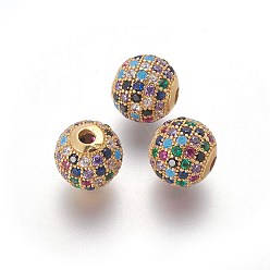 Золотой Латунные микро проложить кубического циркония бусы, круглые, красочный, золотые, 10x9.5 мм, отверстие : 2 мм
