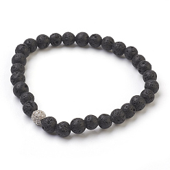 Platin Farbe Natürliche Lava Rock Perlen Stretch Armbänder, mit Messing micro pave Zirkonia Zubehör, Runde, Platin Farbe, 2 Zoll (5 cm), Feld: 9x6.5x2.7cm