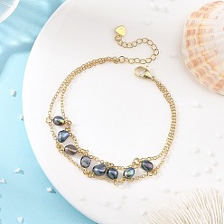 Gray Brass Cable Chains Bracelets, 304 Stainless Steel Natural Cultured Freshwater Pearl Link Bracelets, Nuggets, Golden, Gray, 7.48 inch(19cm)