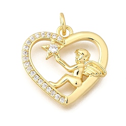 Настоящее золото 18K Латунные микро проложить кубического циркония подвески, без кадмия и без свинца, подвески в виде сердца и ангела, с целью перехода в кольце, реальный 18 k позолоченный, 18.5x19x3.5 мм, отверстие : 3.5 мм