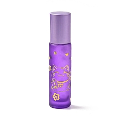 Medium Purple Glass Essential Oil Roller Bottles, with Lid and Stainless Steel Roller Balls, Refillable Bottles, Column with Fortune Cat Pattern & Chinese Character, Medium Purple, 2x8.6cm, Hole: 9.5mm, Capacity: 10ml(0.34fl. oz)