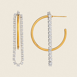 Real 18K Gold Plated 304 Stainless Steel Cubic Zirconia Stud Earrings for Women, Half Hoop Earrings, Real 18K Gold Plated, 44.8x30mm