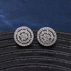 Платина Латунные плоские круглые серьги-гвоздики с микропаве из прозрачных кубических цирконий, долговечный, стойки покрытие, без свинца и без кадмия, платина, 11.5 мм