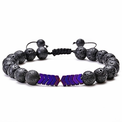 Purple Natural Lava Rock & Synthetic Hematite Arrow Braided Bead Bracelet, Essential Oil Gemstone Jewelry for Women, Purple, 7~11-3/4 inch(17.78~29.972cm)