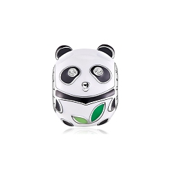 Platinum Rhodium Plated 925 Sterling Silver Enamel European Beads, Panda Bead Charms, Platinum, 12.45x11.18x10.16mm, Hole: 4.32mm