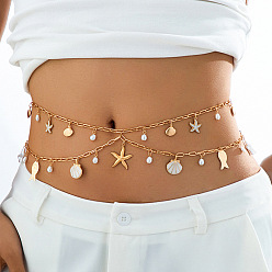 Морская звезда Эмалированный сплав в морском стиле с пластиковыми жемчужинами, двухслойные цепочки на талию и живот для сексуального бикини, золотые, белые, морская звезда, 855 мм
