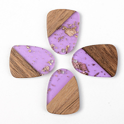 Lilac Transparent Resin & Walnut Wood Pendants, with Gold Foil, Teardrop, Lilac, 28x20x3mm, Hole: 2mm