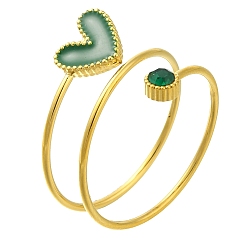 Зеленый Ионное покрытие (ip) 304 кольца из нержавеющей стали с микропаве из кубического циркония для женщин, с эмалевым сердечком, реальный 14 k позолоченный, зелёные, внутренний диаметр: 17.6 мм