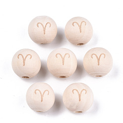 Aries Unfinished Natural Wood European Beads, Large Hole Beads, Laser Engraved Pattern, Round with Constellation, Aries, 15~16x14~15mm, Hole: 4mm