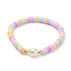 Разноцветный Бусины хейши из полимерной глины эластичные браслеты, с акриловыми бусинами из искусственного жемчуга и латунными бусинами, красочный, внутренний диаметр: 2-1/4 дюйм (5.6 см)